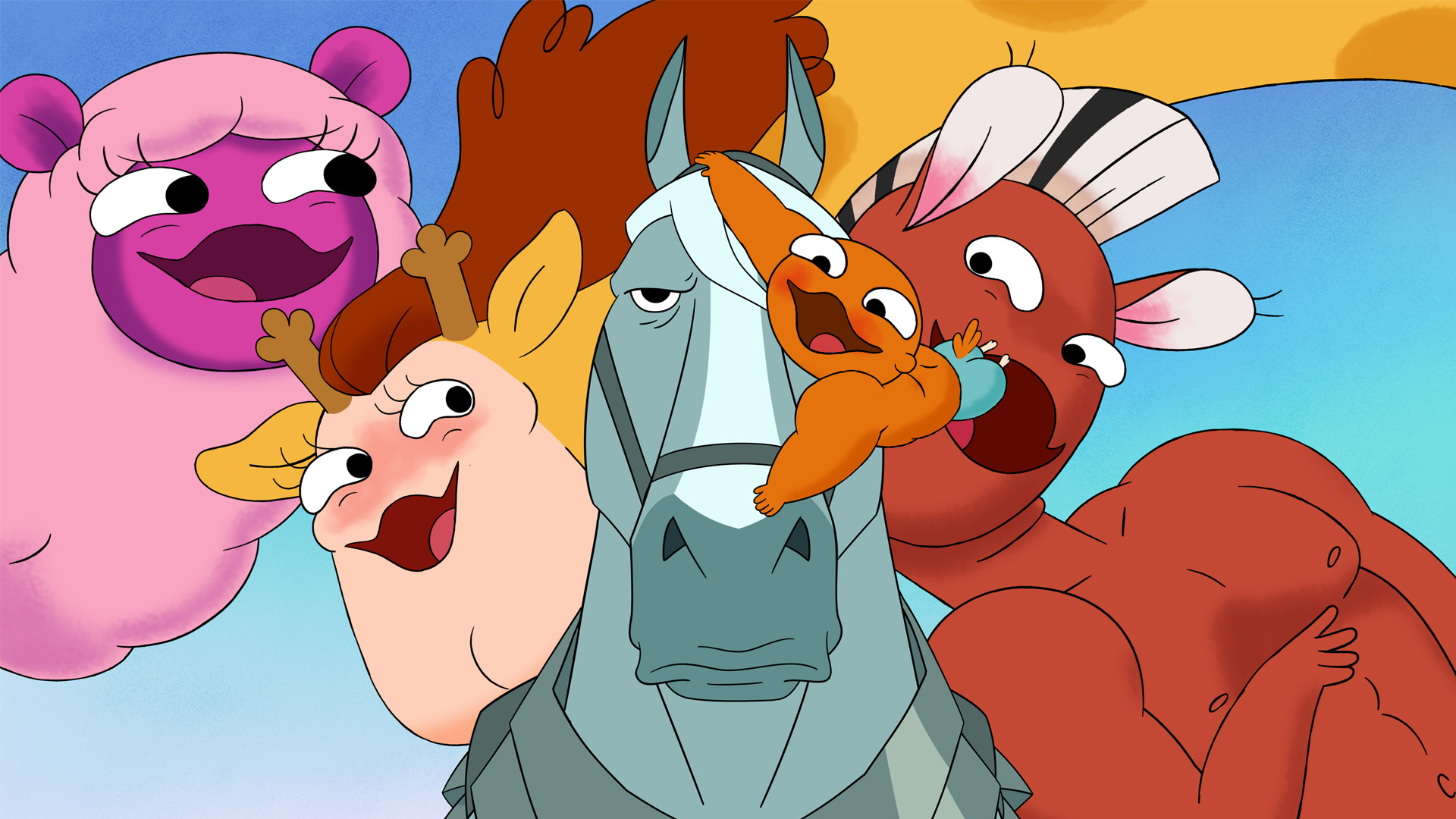 The characters from Centaurworld squished together smiling while Horse is frowning.