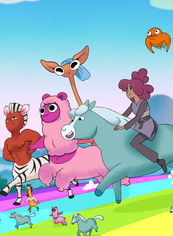 The characters from Centaurworld are smiling together as they run down a rainbow road with clear blue skies behind them.