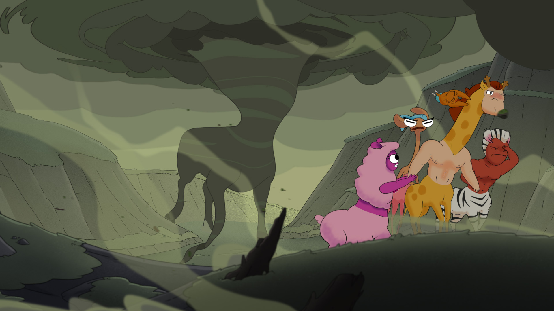 The characters from Centaurworld are being chased by a tornado creature while a storm is happening.