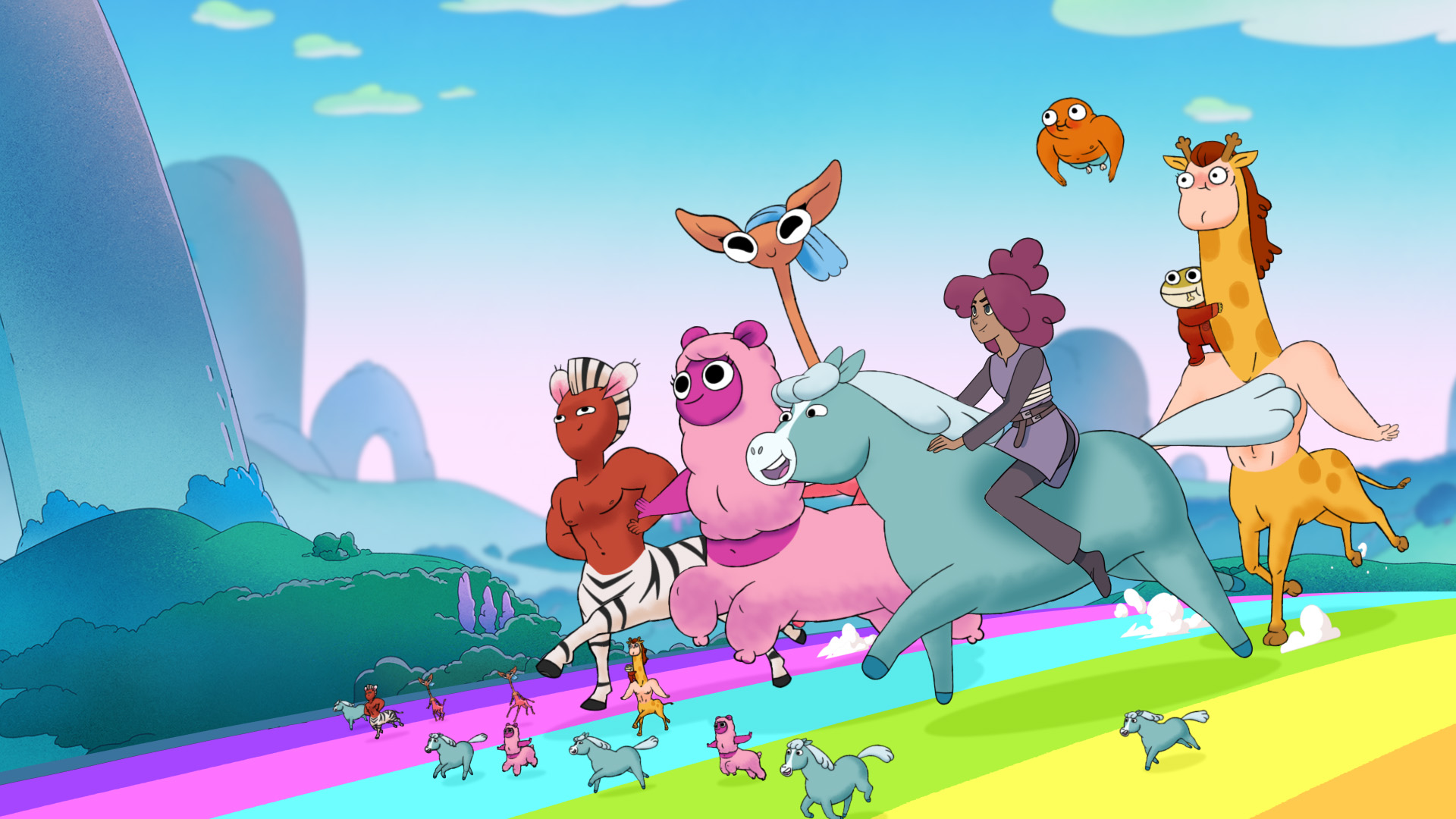 The characters from Centaurworld are smiling together as they run down a rainbow road with clear blue skies behind them.