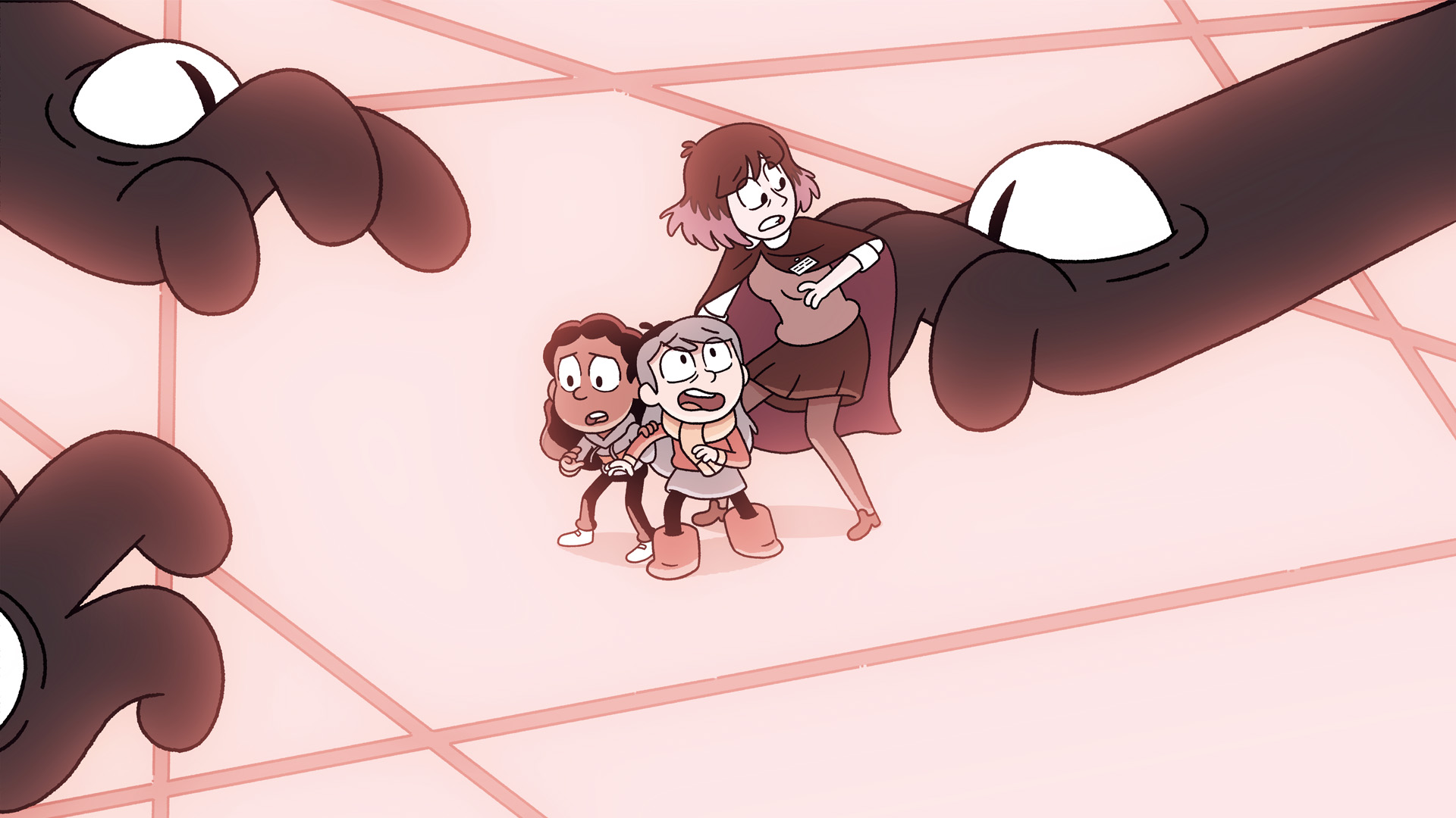 Hilda, Frida, and Kaisa the Librarian stand on a glowing pink floor as they cower in fear as giant hands with eyes reach towards them.
