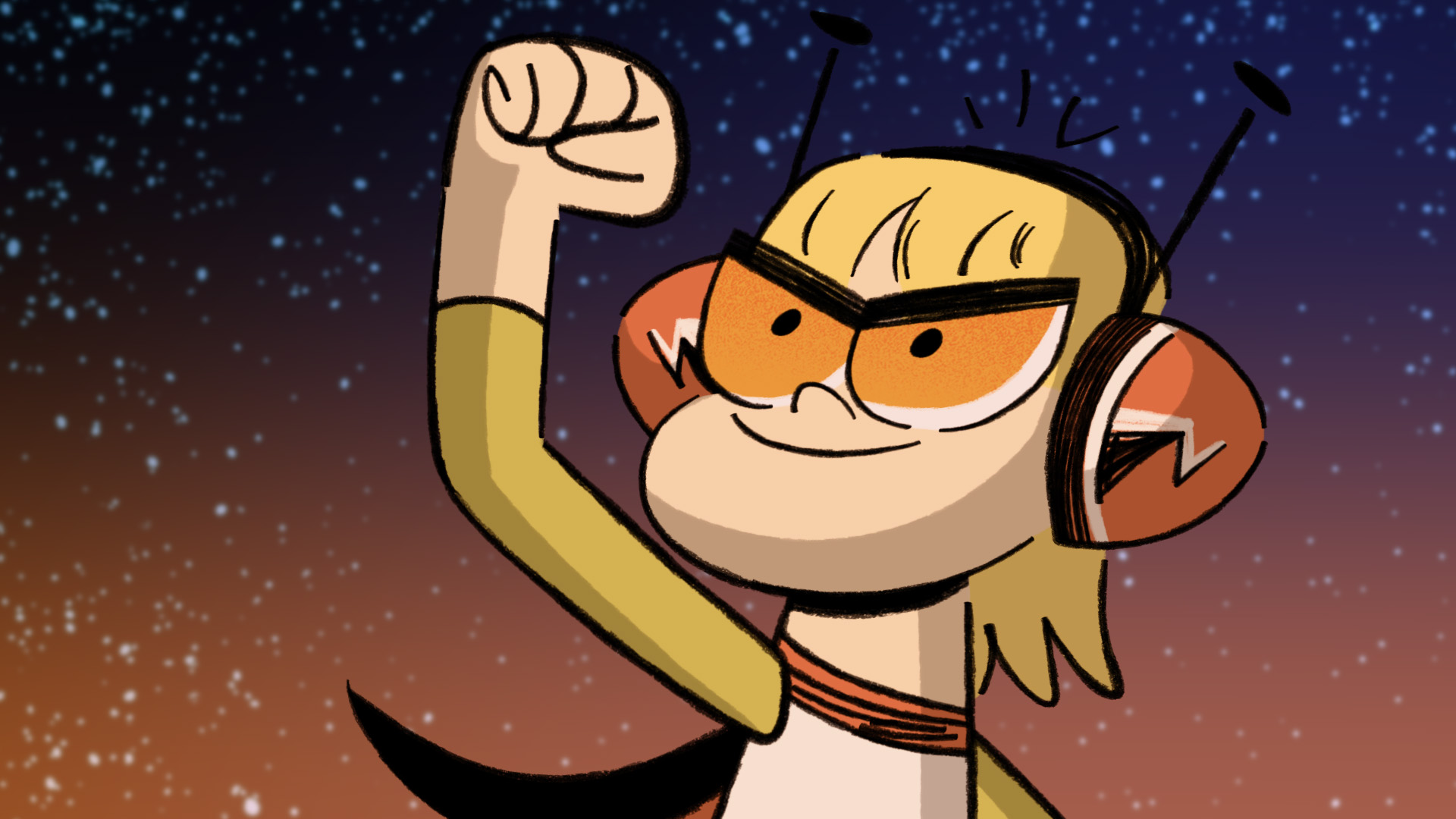 A close up of Kid from Kid Cosmic raising his fist in the air as he looks up triumphantly as stars shine behind him.