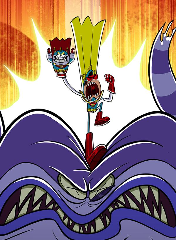 Joey has Atomic Puppet on his hand as they kick a sock monster in the face.