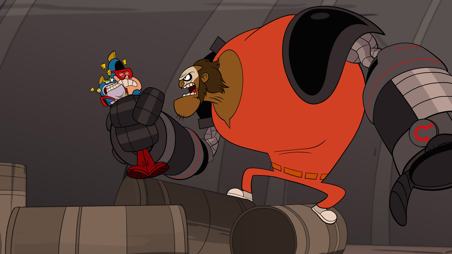 Joey and Atomic Puppet fight against a half robot half man as he squishes them both in one hand.