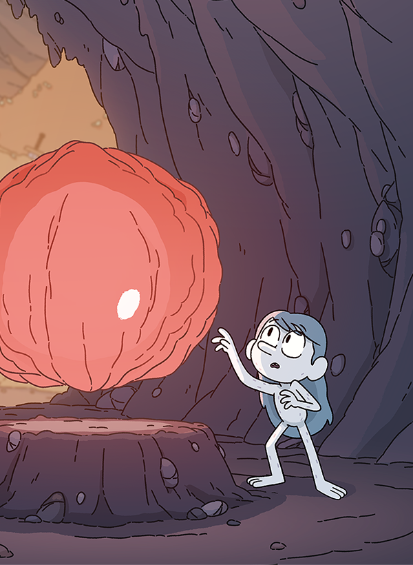 Troll Hilda reaches her hand towards a floating red object glowing inside a dark cave.