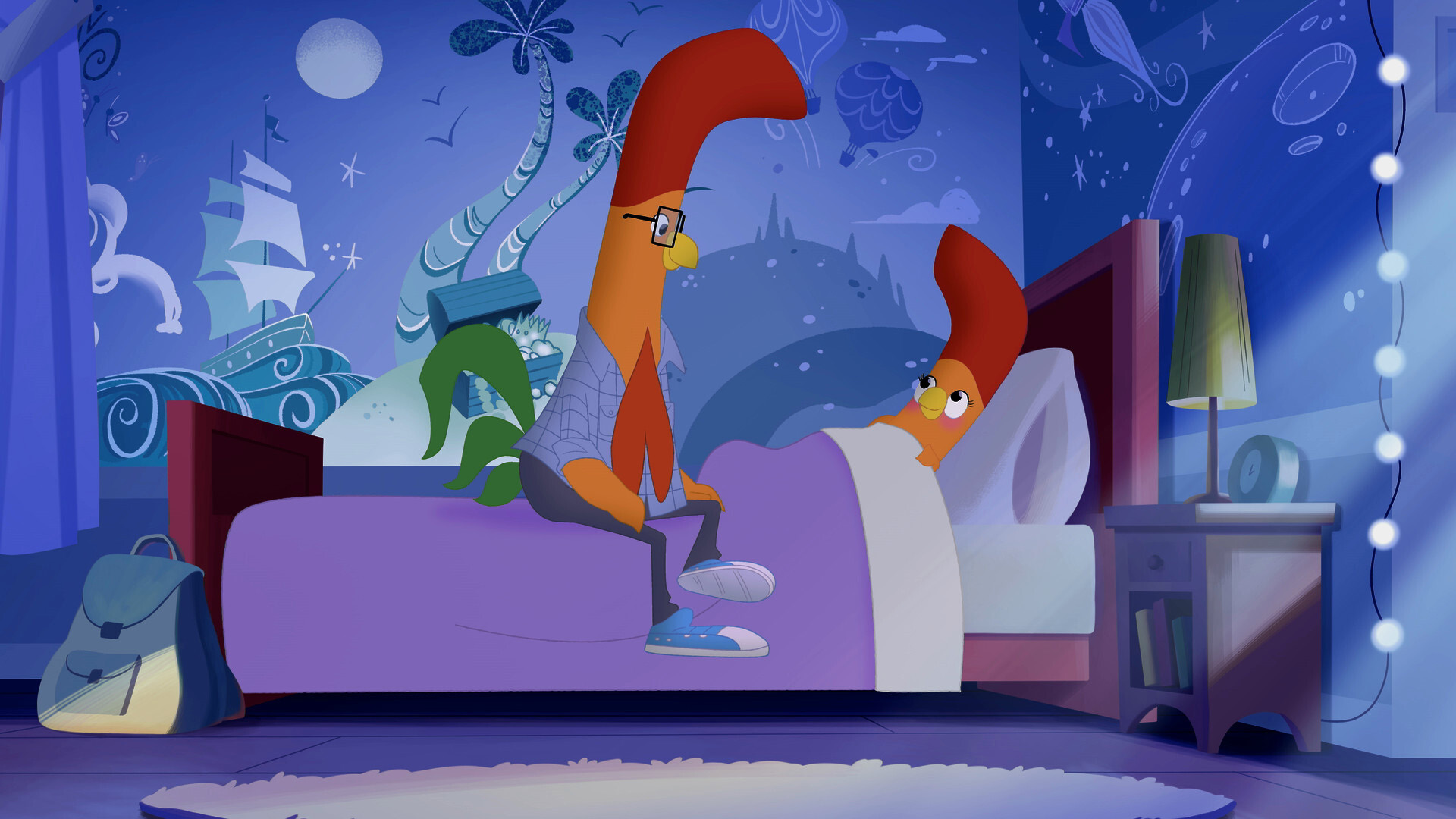 Piper from The Interrupting Chicken lays in bed as her father sits beside her.