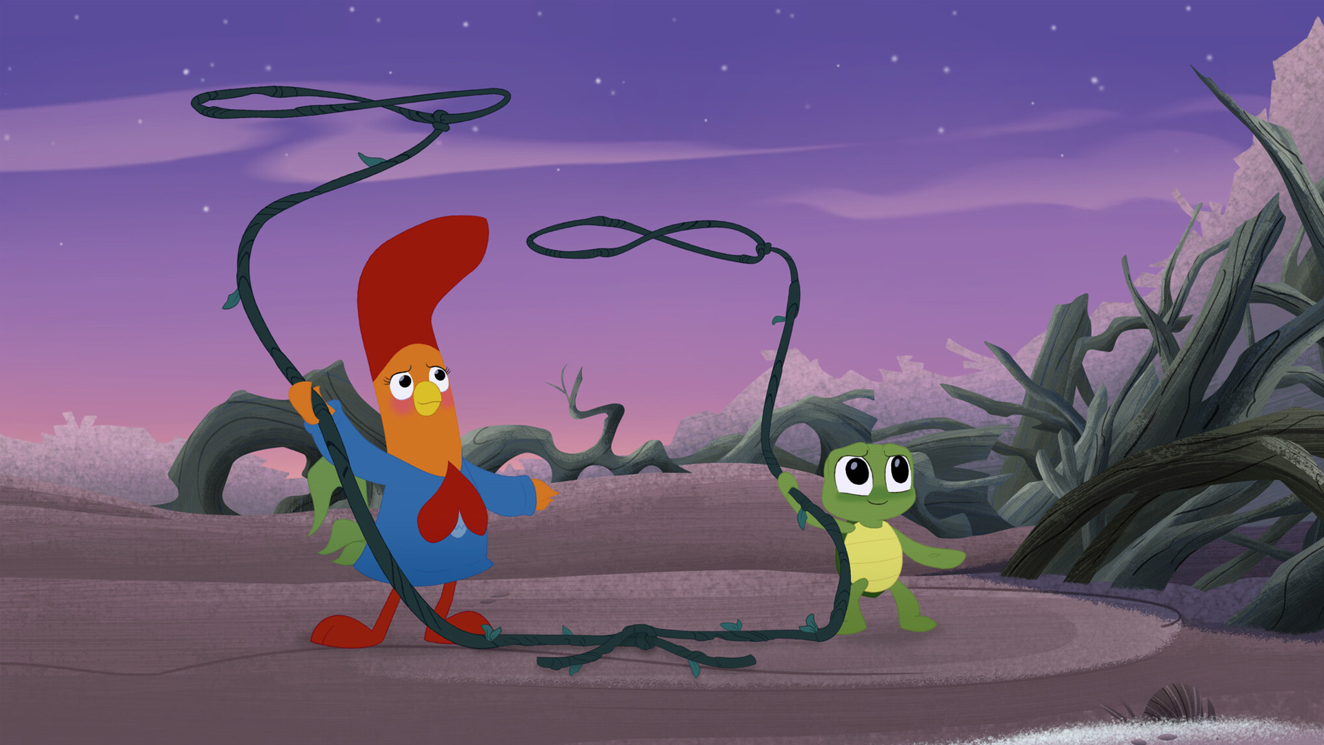 Piper and her friend the turtle are using vines tied together as lassos spinning them in the air.