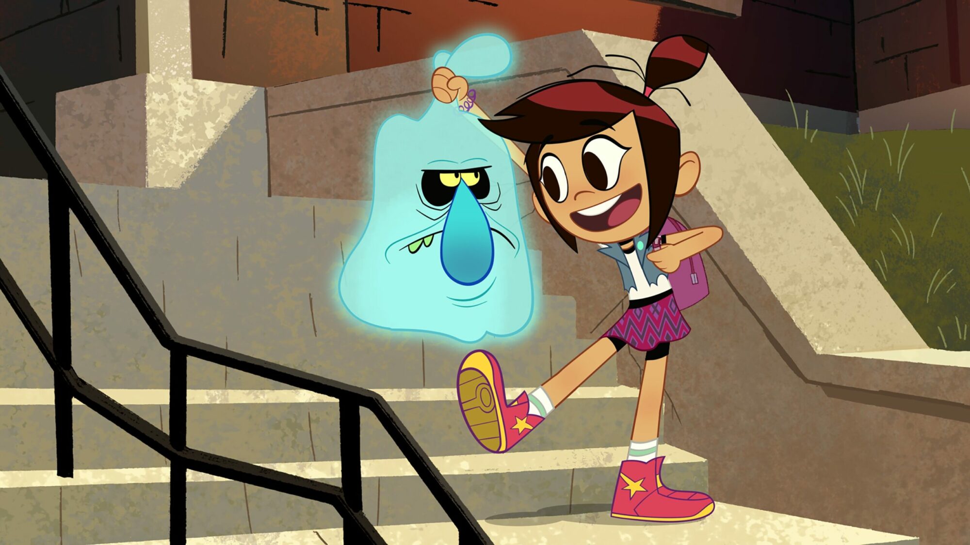 Molly from The Ghost and Molly McGee stands on a set of stairs outside as she holds an annoyed looking Scratch by the top of the head and smiles.