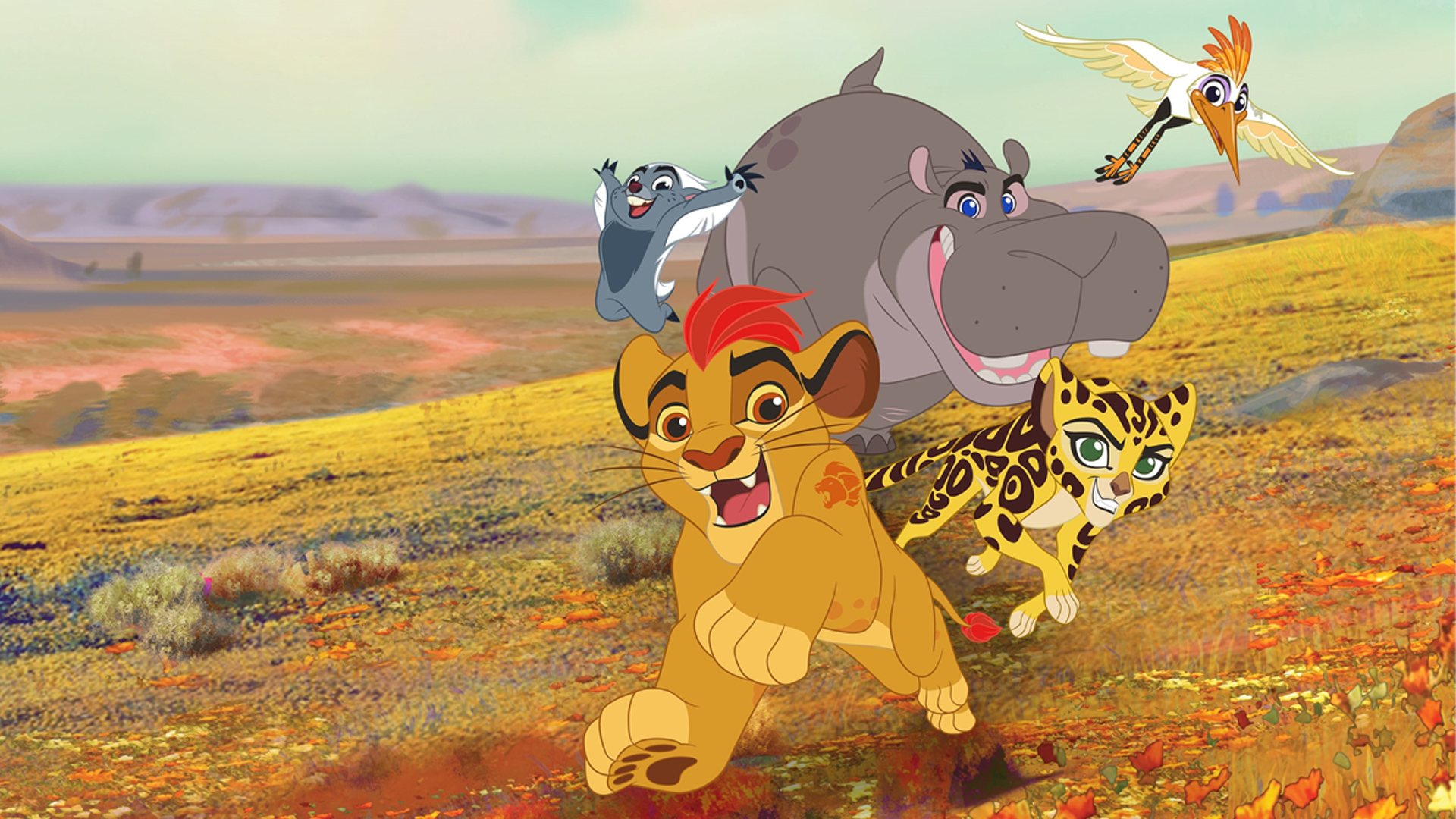 Kion and his friends from The Lion Guard running alongside each other excitedly.