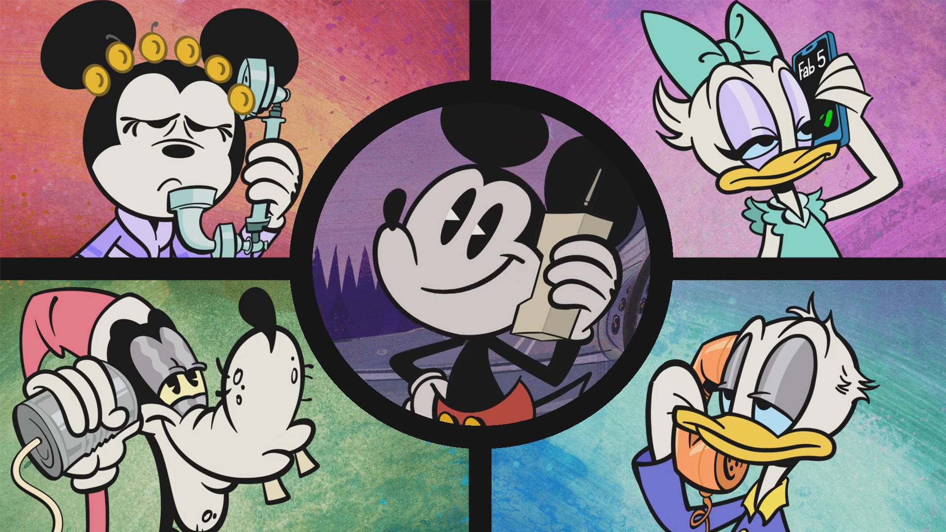 Mickey, Minnie, Donald, Goofy, and Daisy are shown in a split screen as they all talk on the phone with each other in their pajamas looking tired, while Mickey is upbeat.