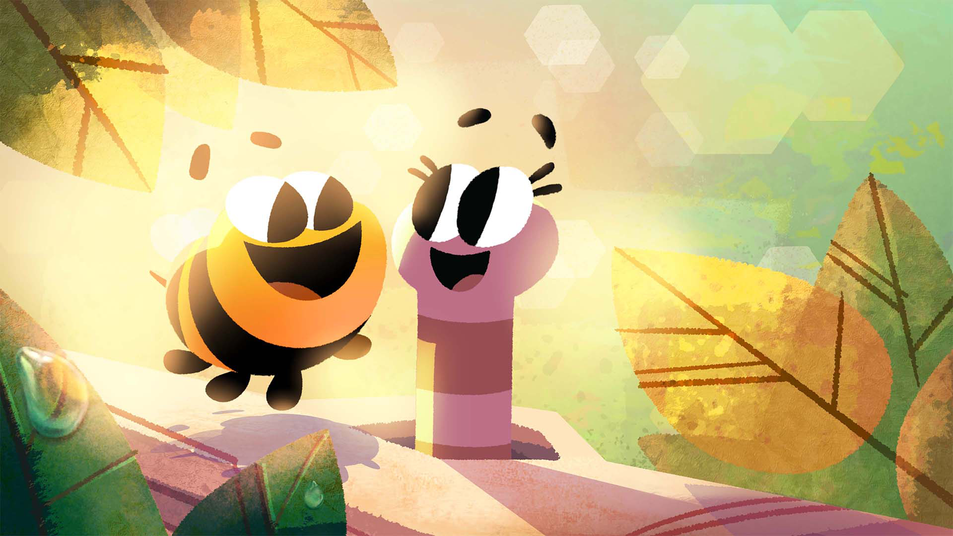 Bunny McBee the bee and Opale his best friend the worm on a tree branch. Smiling at each other.
