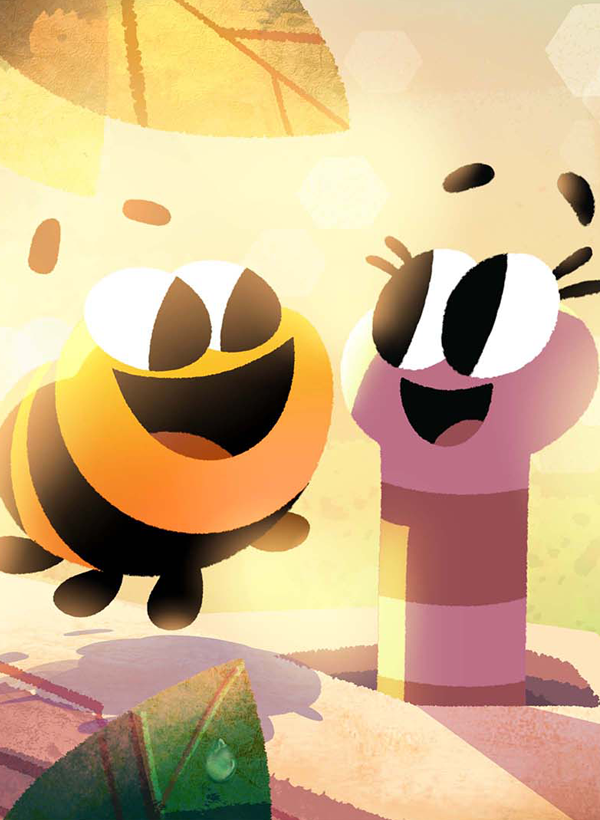 Bunny McBee the bee and Opale his best friend the worm on a tree branch. Smiling at each other.
