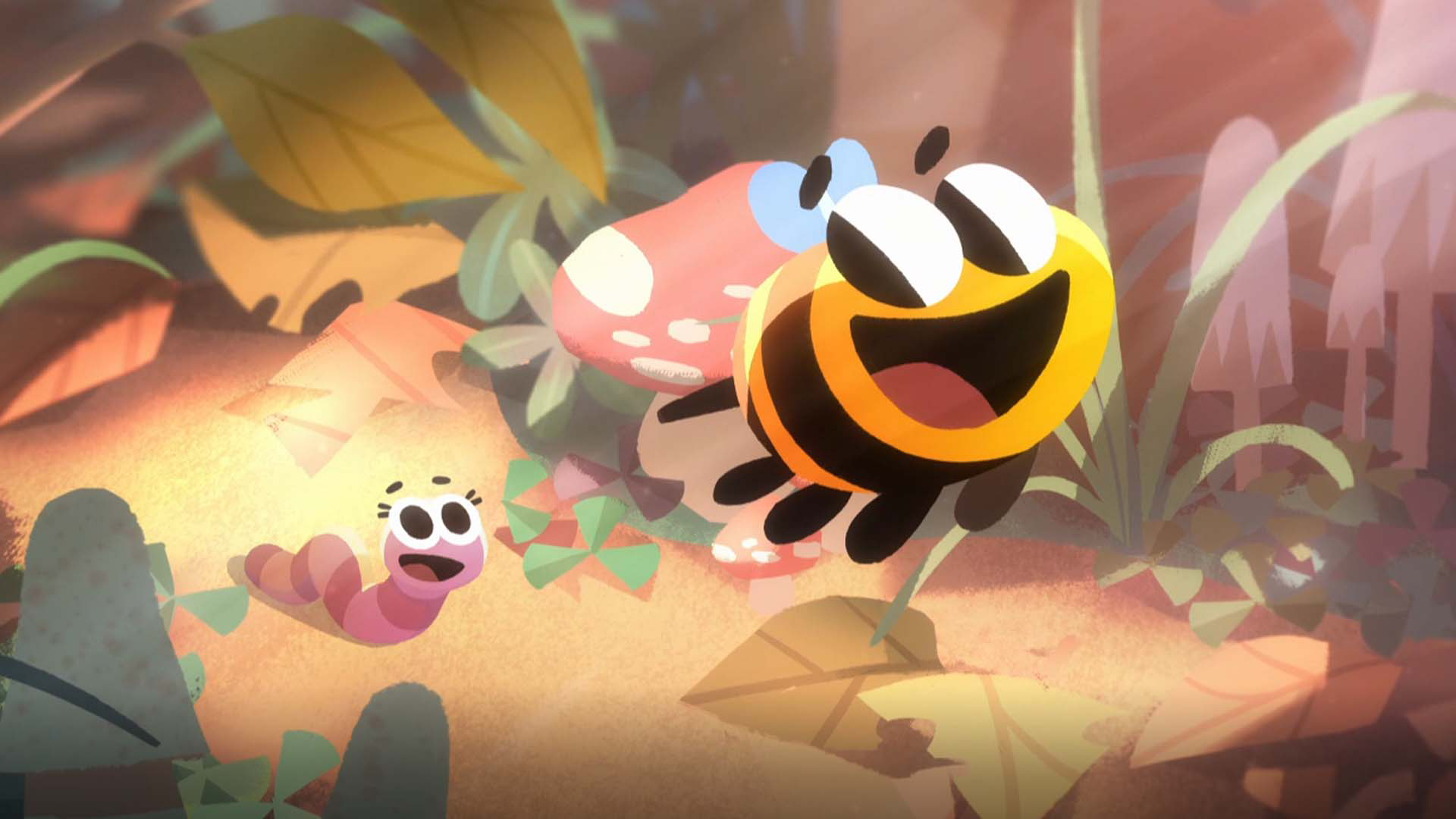 Bunny McBee the bee flies in the air as he looks back at his best friend Opale the worm as she looks at him from the ground.