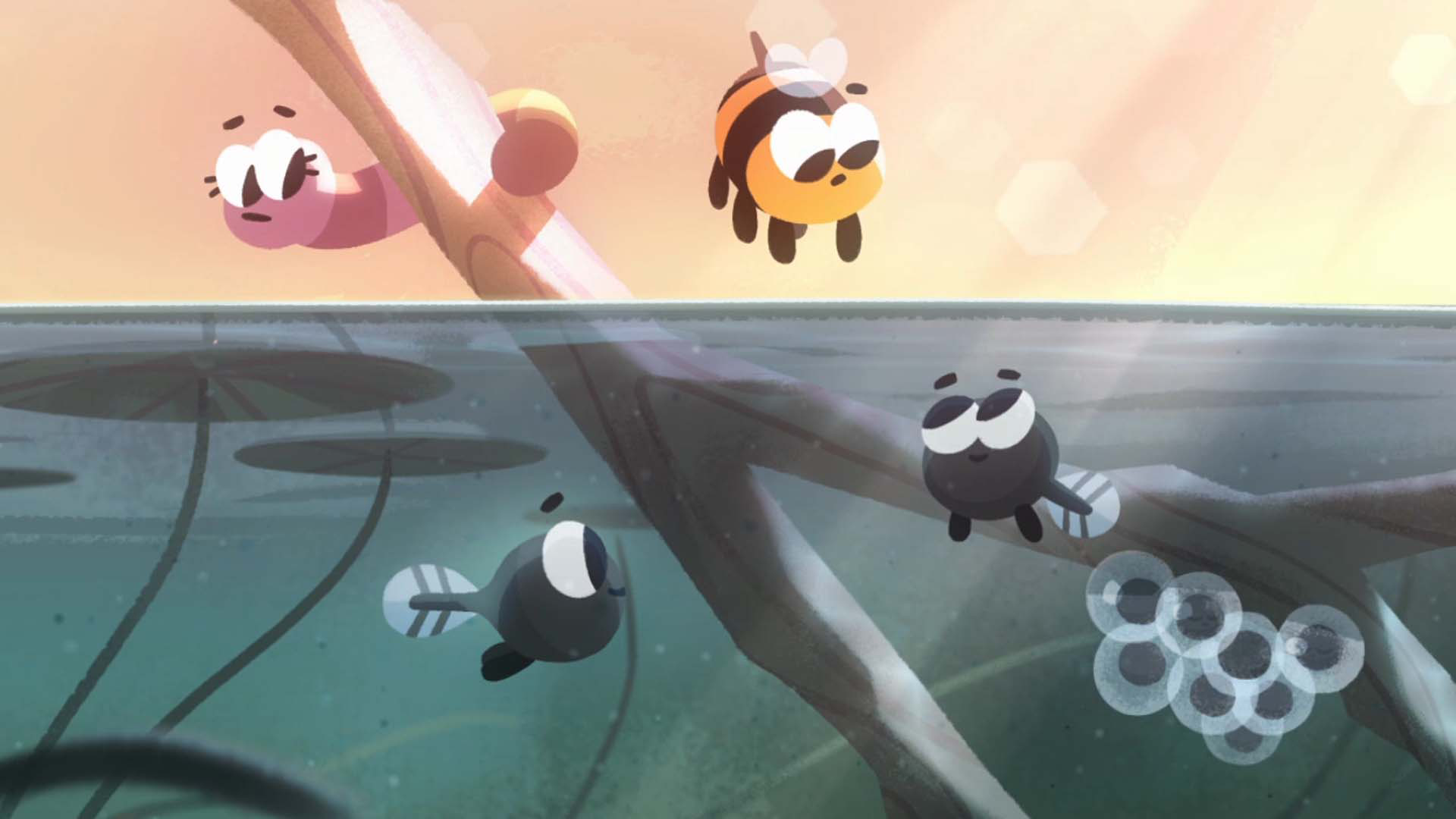 Bunny McBee the bee flies above a lake staring down at two tadpoles in the water as Opale the worm watches from a nearby branch.