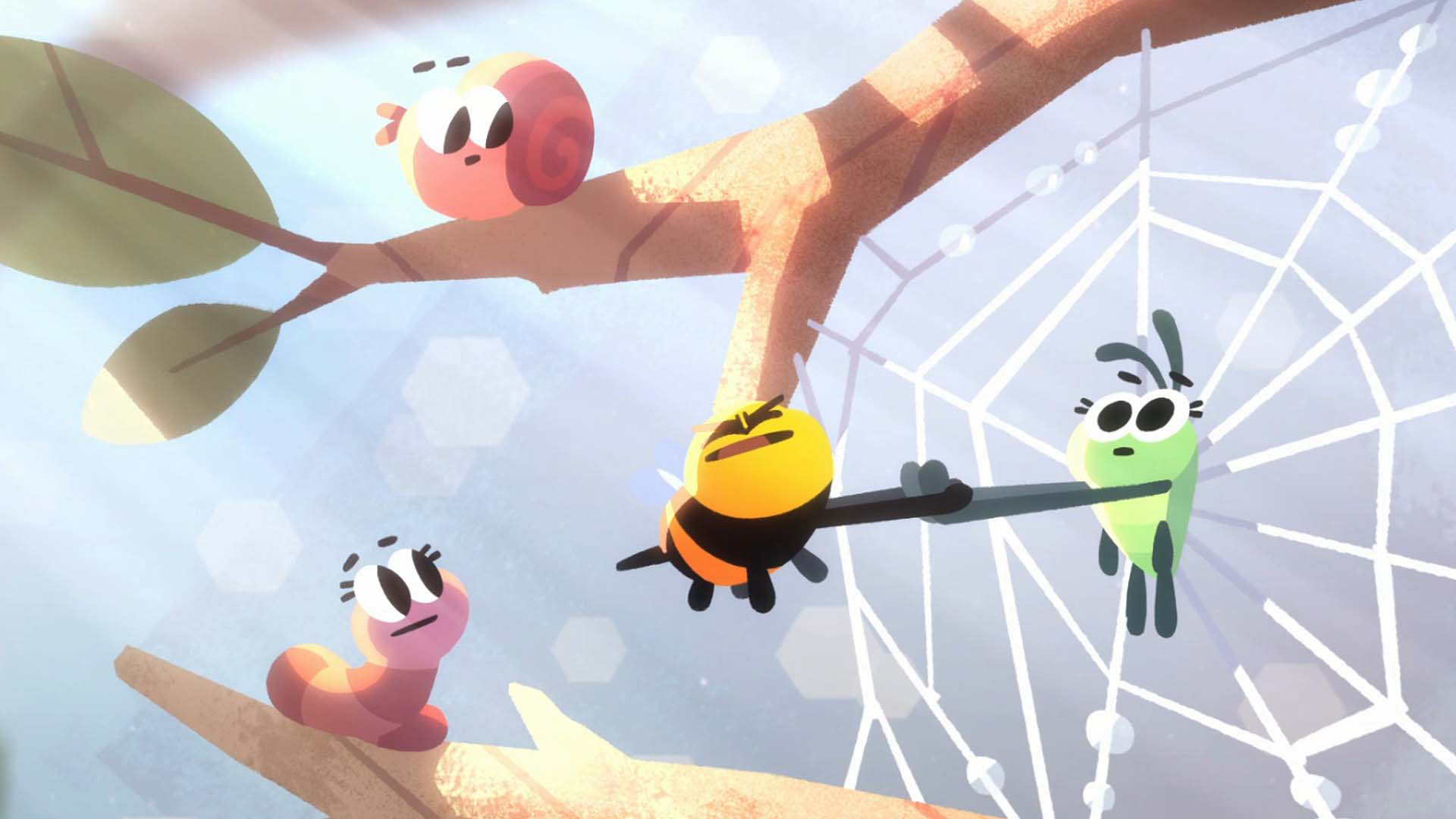 Bunny McBee the bee helps Katy the cricket escape from a spiderweb as his best friend Opale the worm and Curly the snail watch from nearby branches.