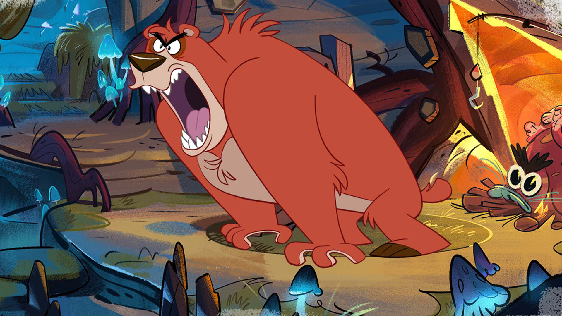 Mr. Prickle the bear in his cave roaring.