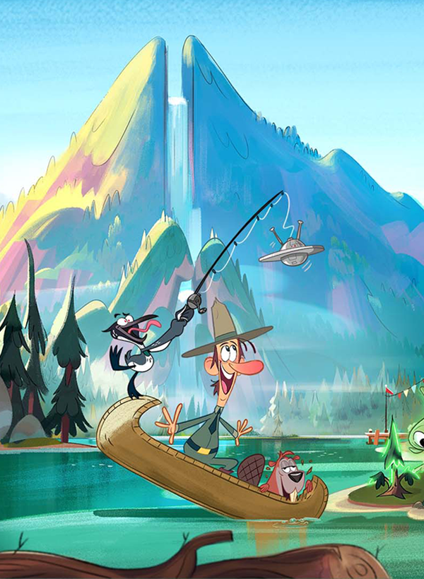 Loony Loon and Glen Jackson the ranger are fishing on a boat in the water.