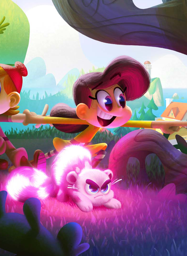 Max hesitates pulling away from Maddie who points toward something off screen and Skwoosh the pangor is glowing in warning on the edge of a spooky forest