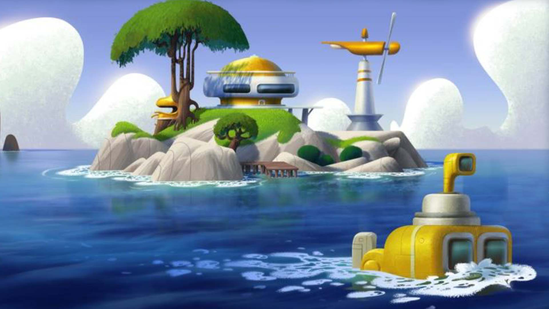 Max’s mini sub goes past in the foreground with his island home in the background.
