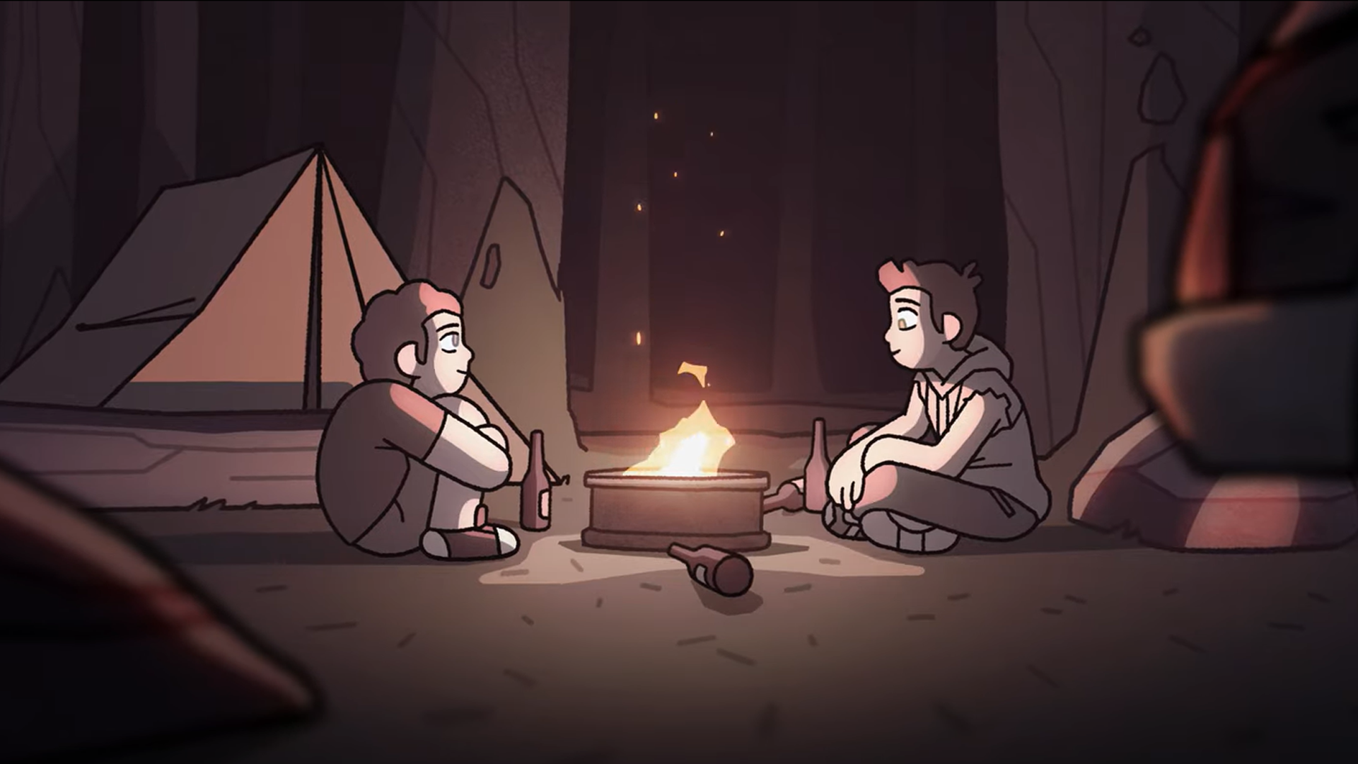 The main character and Jordy from The Pine Creepers sit and stare at a fire in the woods peacefully.