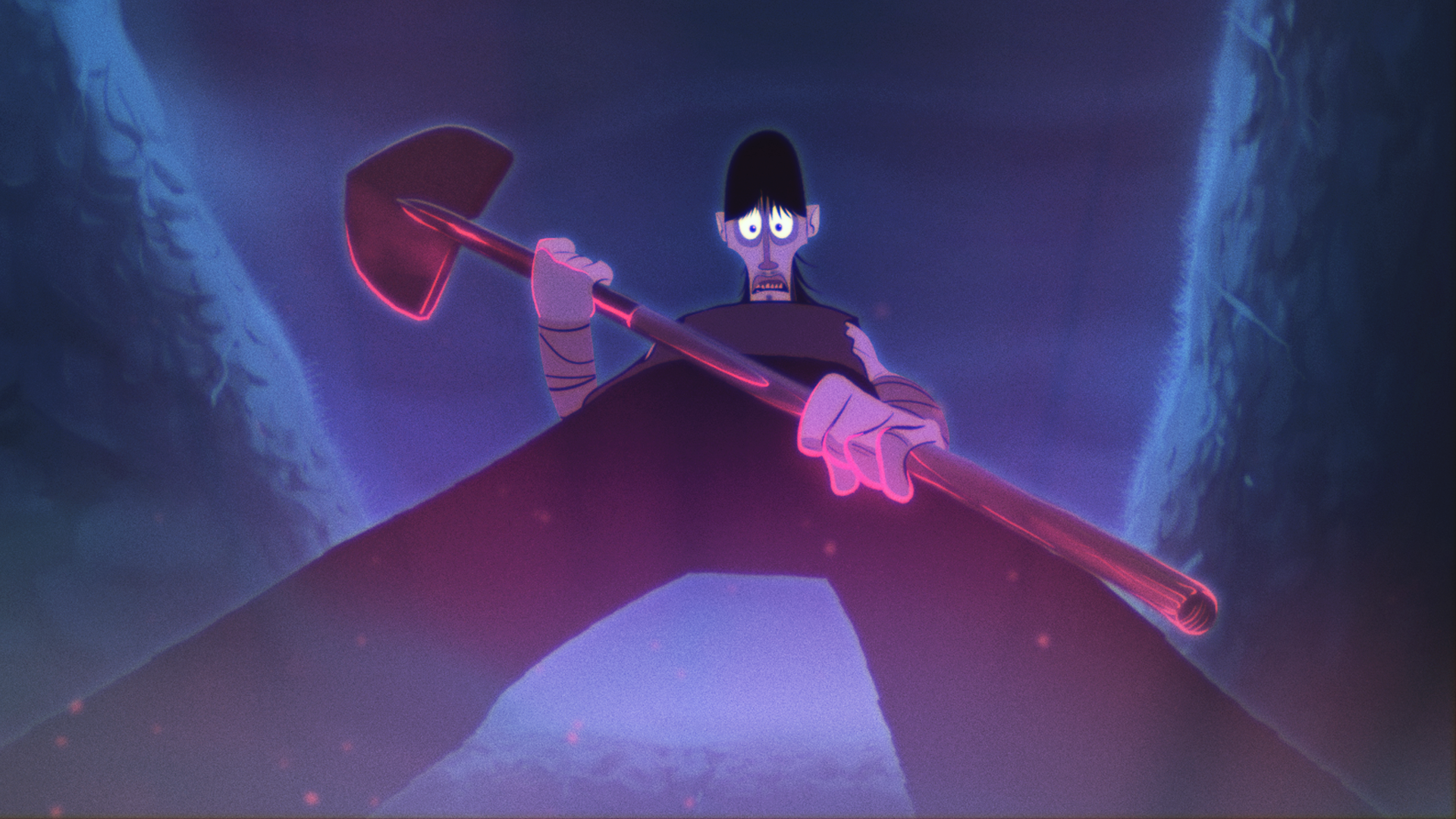 The main character from animated short The Gate by Shane Plante looking down menacingly as he holds a shovel.