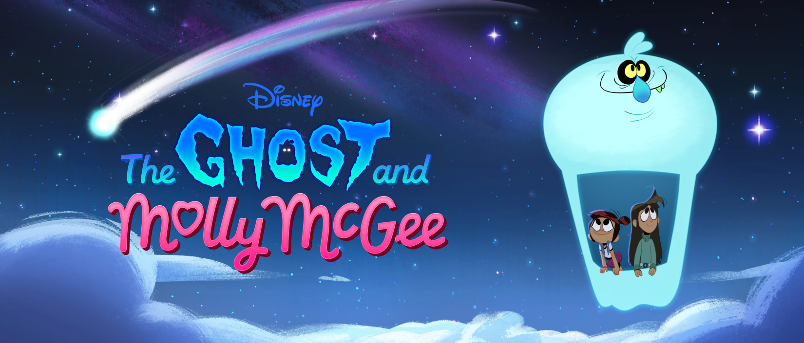 Molly and Libby from The Ghost and Molly McGee Float on Scratch who’s shaped like a hot air balloon. The words ‘The Ghost and Molly McGee’ are overlayed.