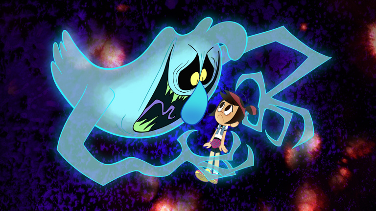 Scratch from The Ghost and Molly McGee is cackling with a scary look on his face as he reached his hands out towards a sad looking Molly.