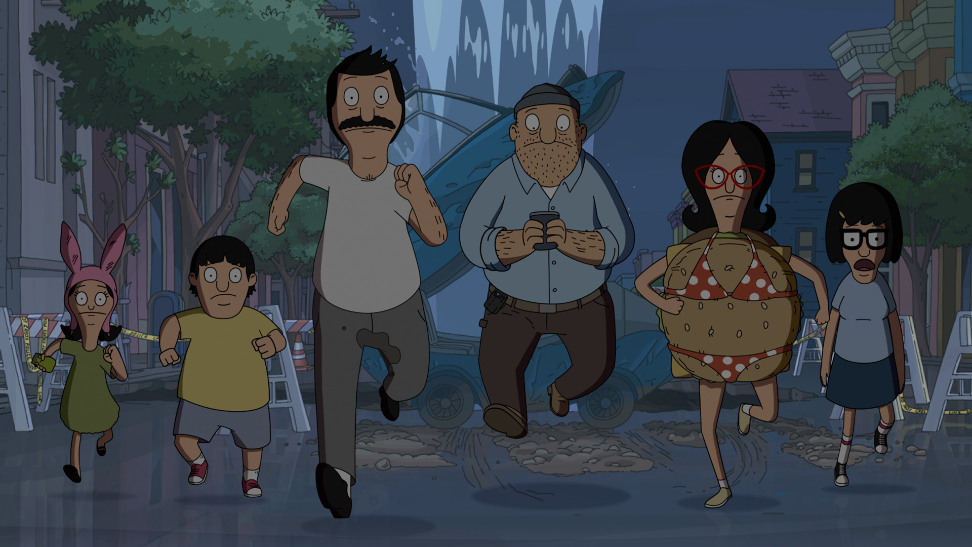 Louise, Gene, Bob, Teddy, Linda, and Tina are running down the street together at night while the sinkhole shoots water in the air behind them.