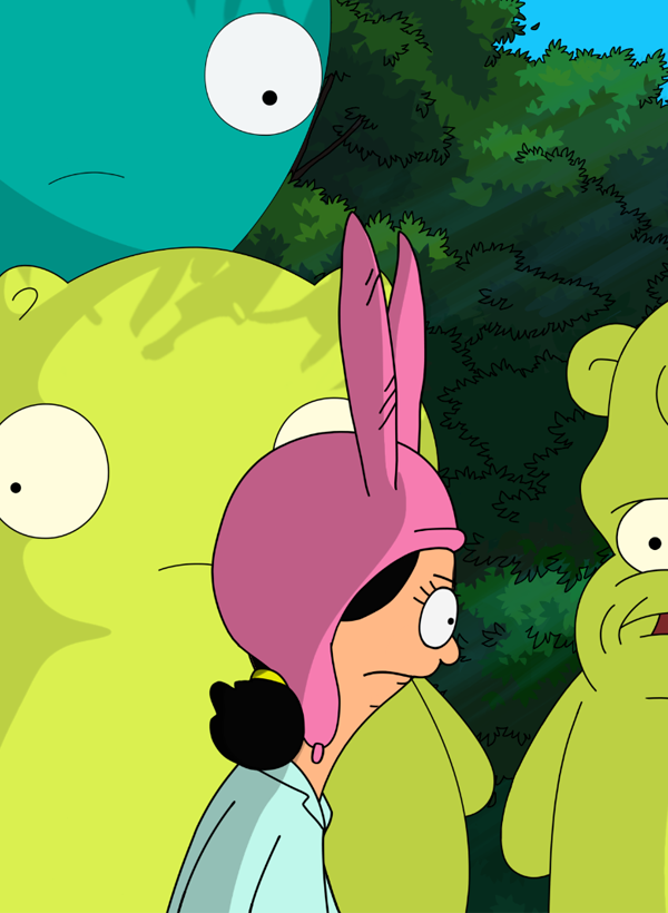 Louise stares down at the ground looking determined surrounded by life size versions of her stuffed animals while good and bad Kuchi Kopi talk to her.