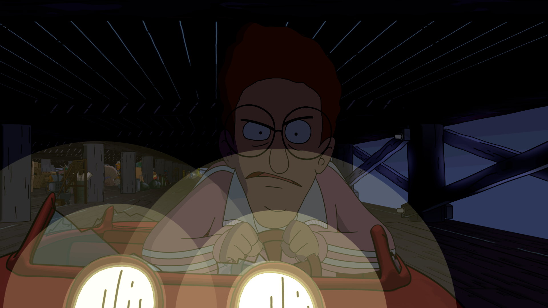 Grover Fischoeder drives a stolen cart under the boardwalk at Wonder Warf. The lights from the headlights cast a shadow over his face.