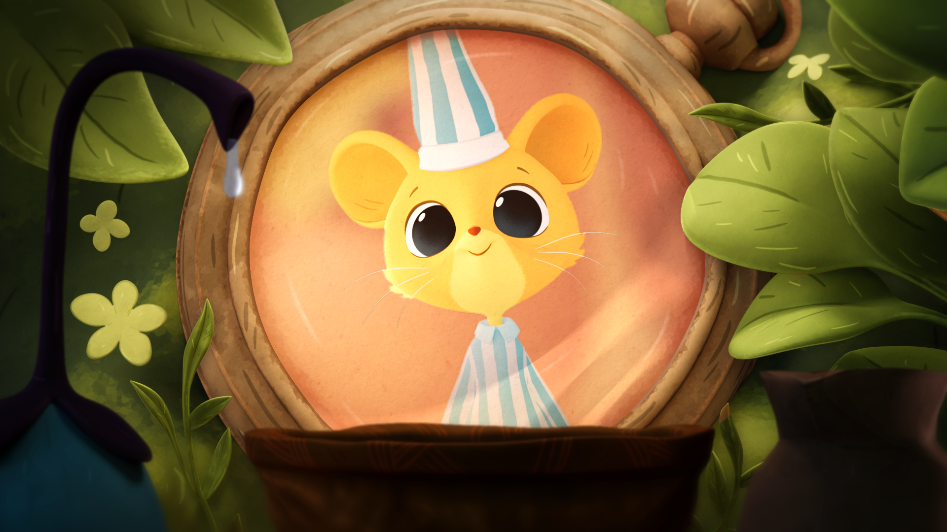 Julian the mouse looking at his reflection in the bathroom mirror.
