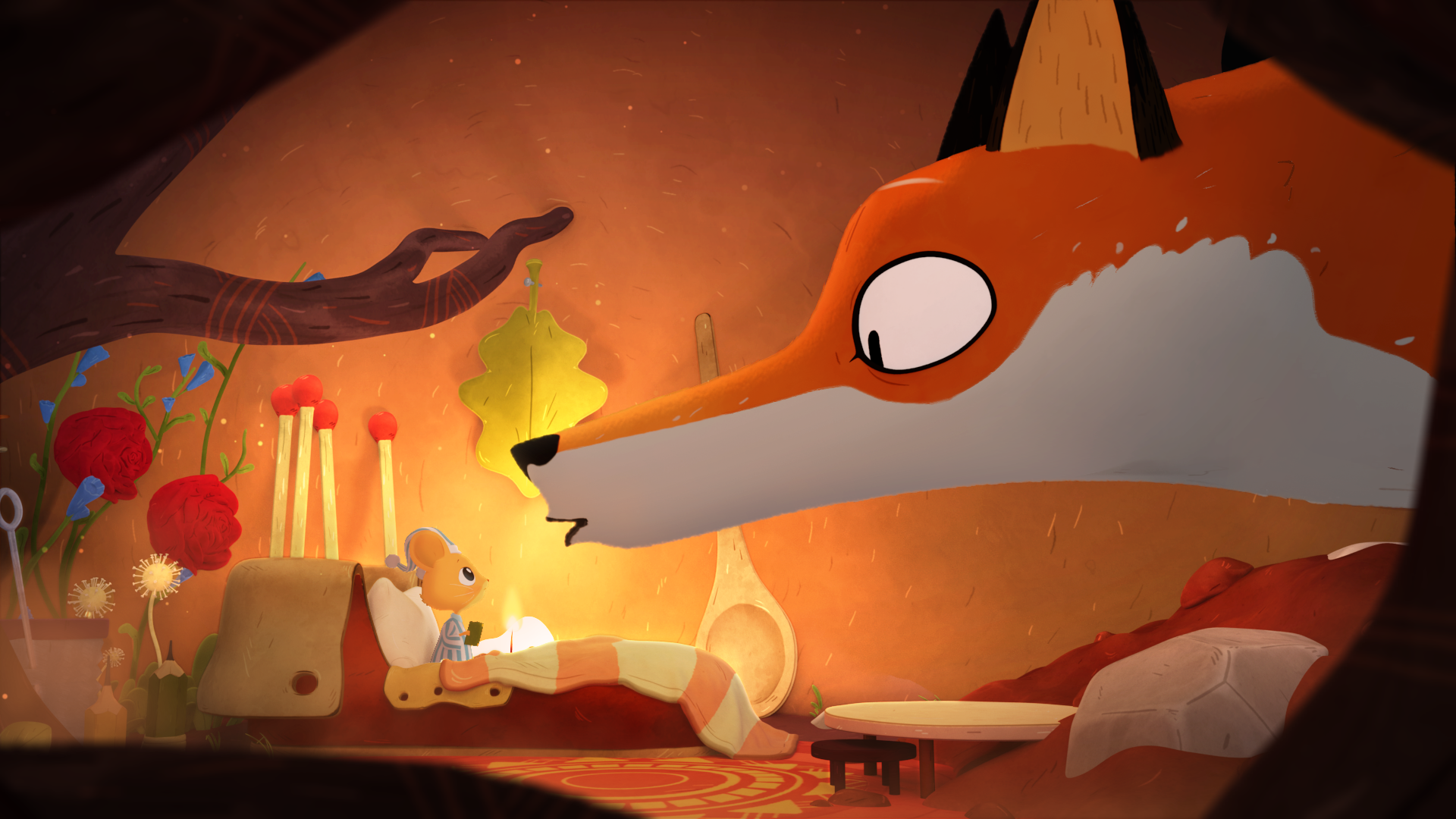 Julian the mouse in bed with a book talking to his new friend the Fox, who has her head stuck in Julian’s burrow.