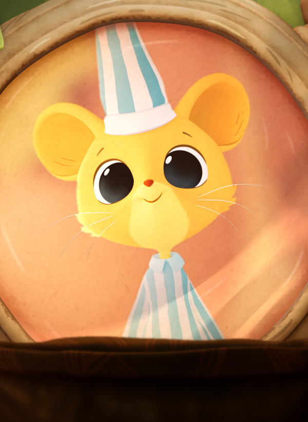 Julian the mouse looking at his reflection in the bathroom mirror.