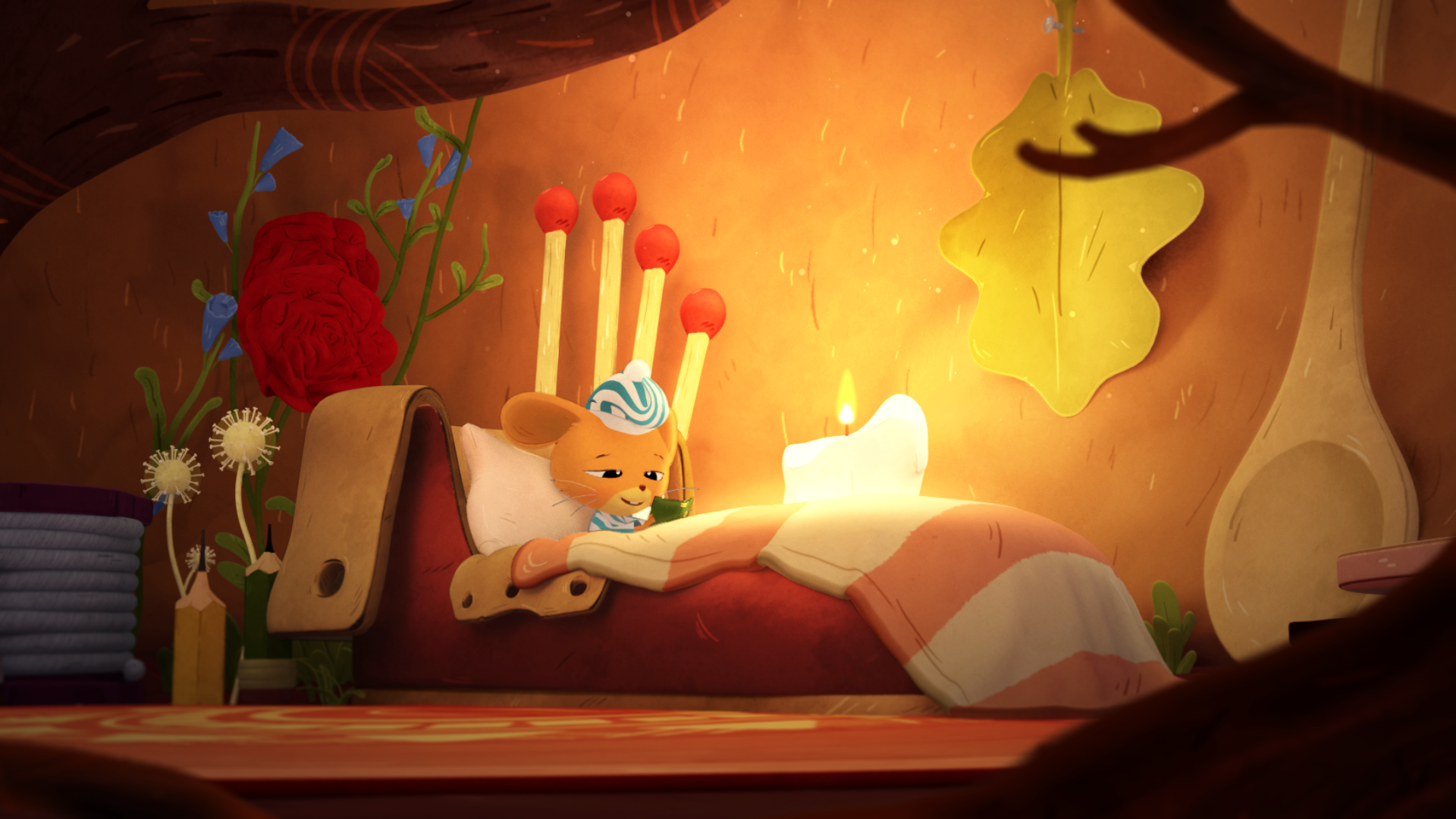 Julian the mouse reads a book in bed as a candle beside him dimly lights the room.