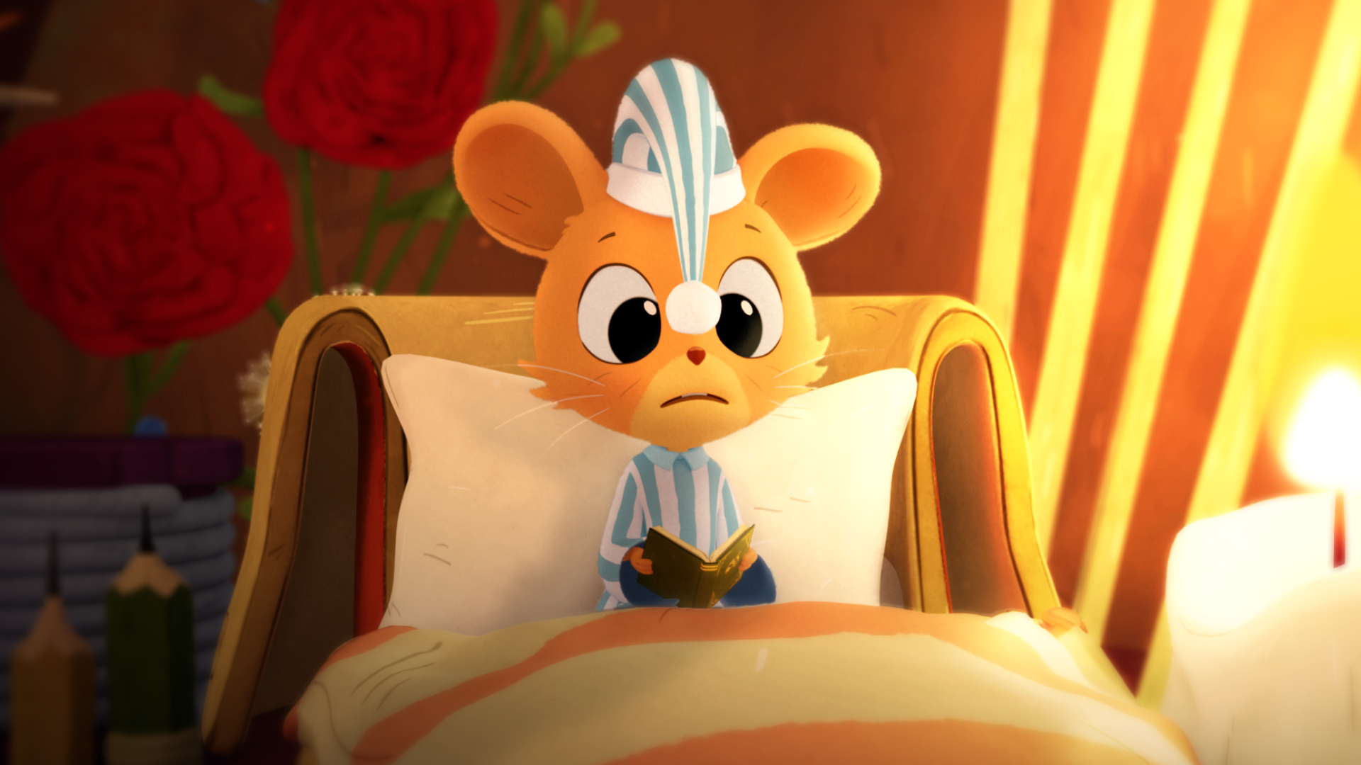 Julian the mouse looks surprised as his sleeping cap falls into his face while he reads a book in bed.