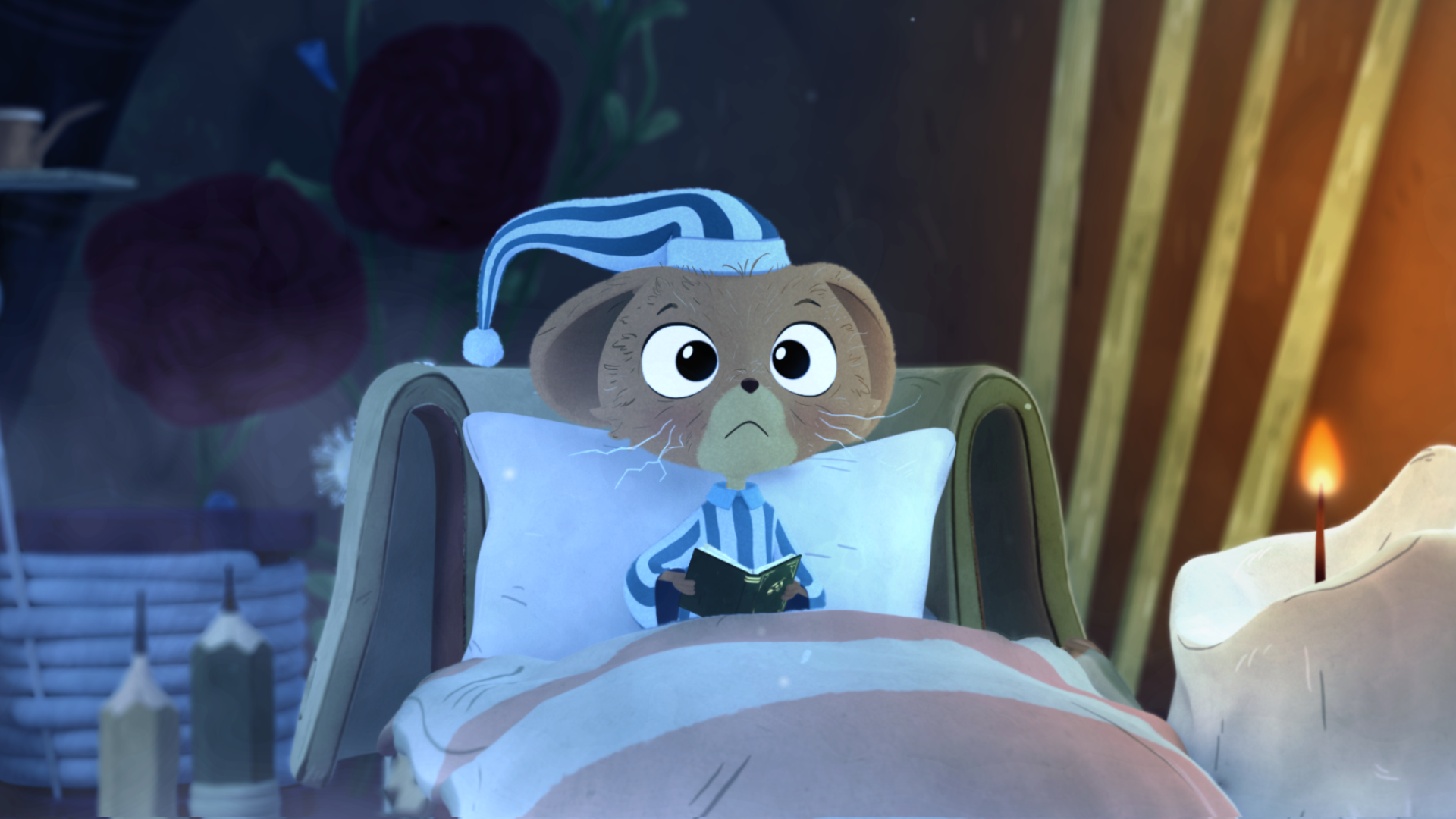 Julian the Mouse looks scared as he watches something beyond the camera view from his bed.