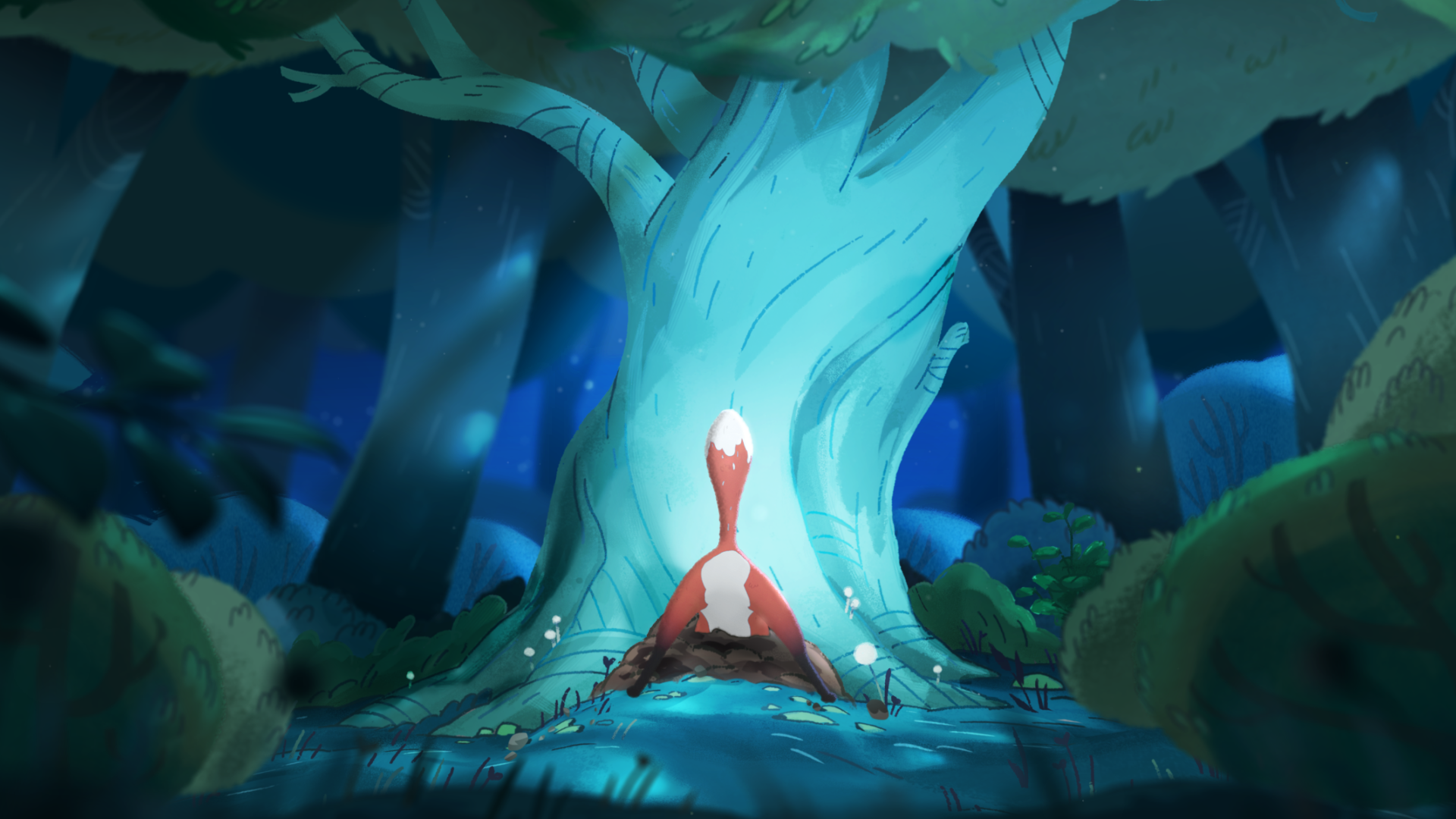 The Fox from A Mouse Called Julian is stuck inside Julian's burrow as her tail sticks out of the tree.
